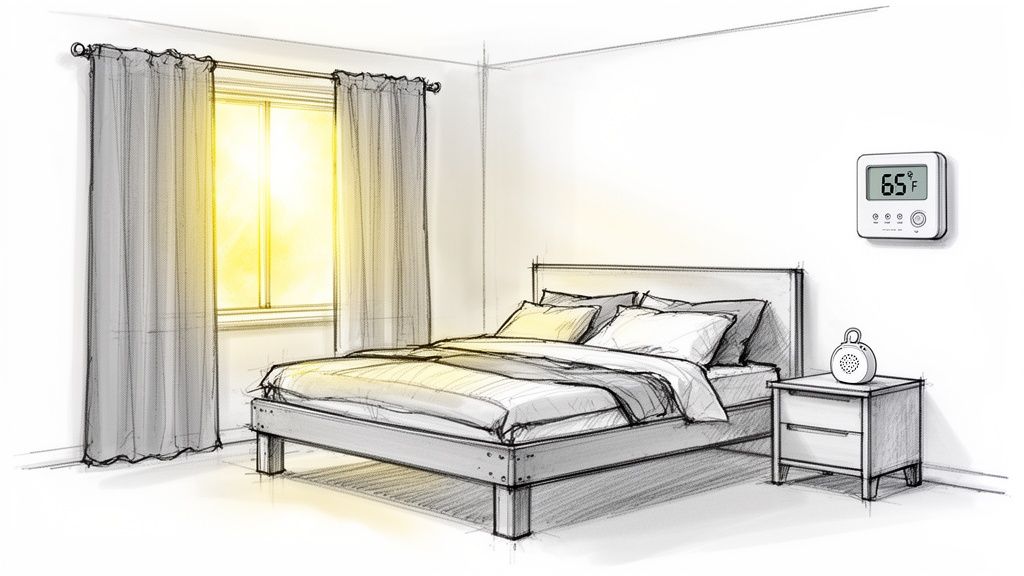 A sketch of a bright bedroom with a bed, nightstand, window, and thermostat showing 65°F.