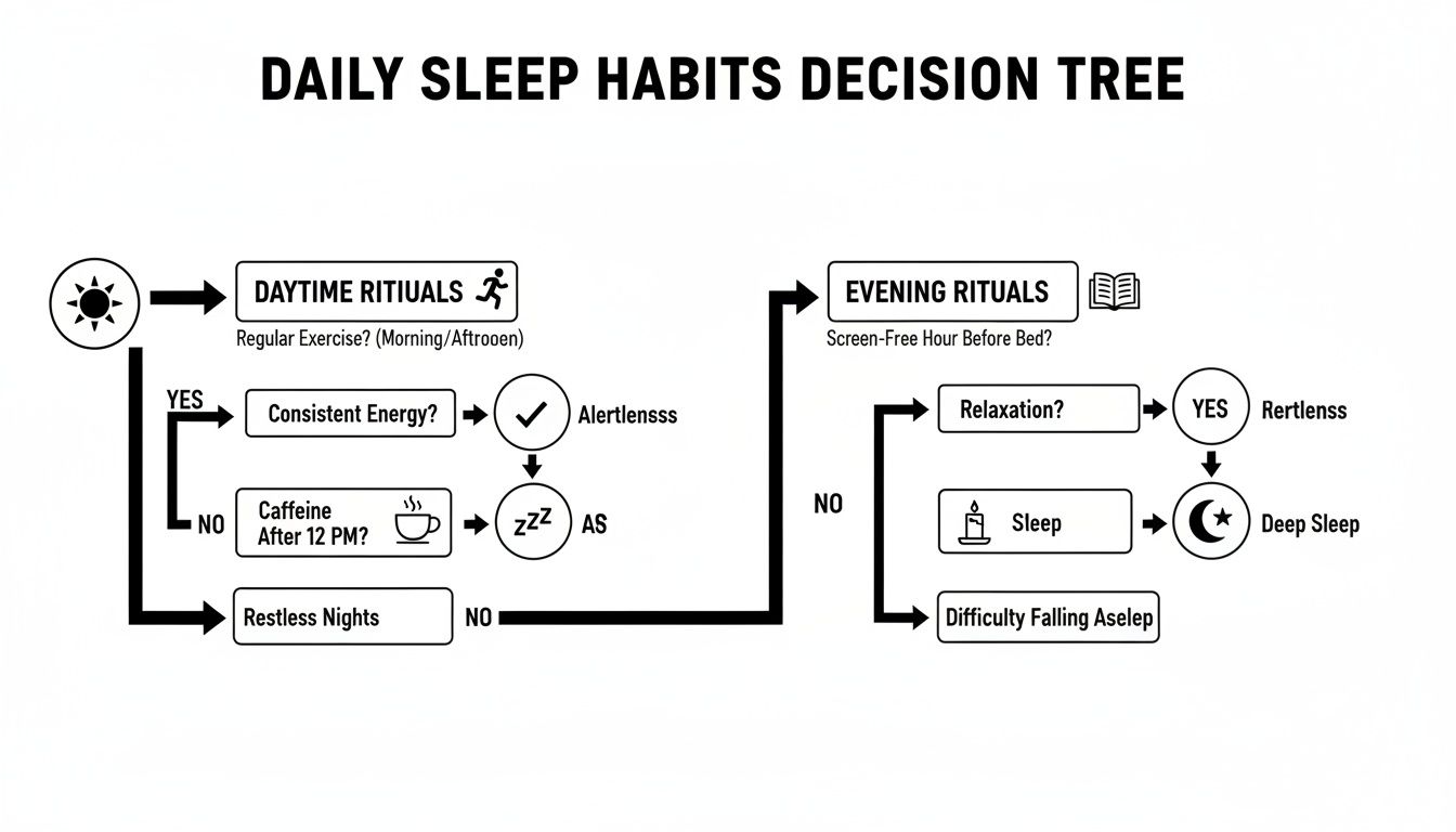 A decision tree flowchart illustrating daily sleep habits and rituals influencing sleep quality.
