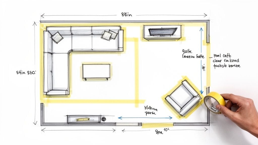 An overhead sketch of a living room layout with furniture, dimensions, and yellow tape marking the floor.