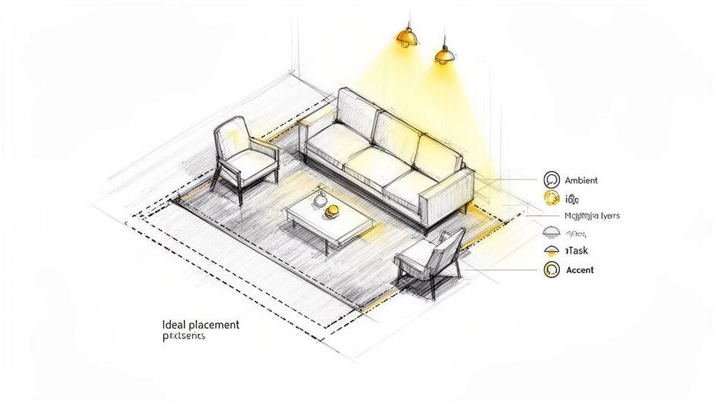 Isometric sketch illustrating ideal living room layout with sofa, armchairs, coffee table, and lighting zones.
