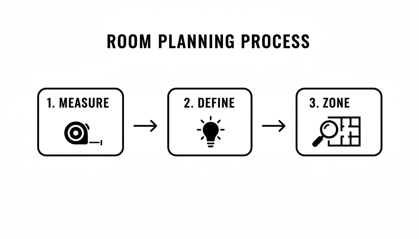 A graphic illustrating the three-step room planning process, including measure, define, and zone.
