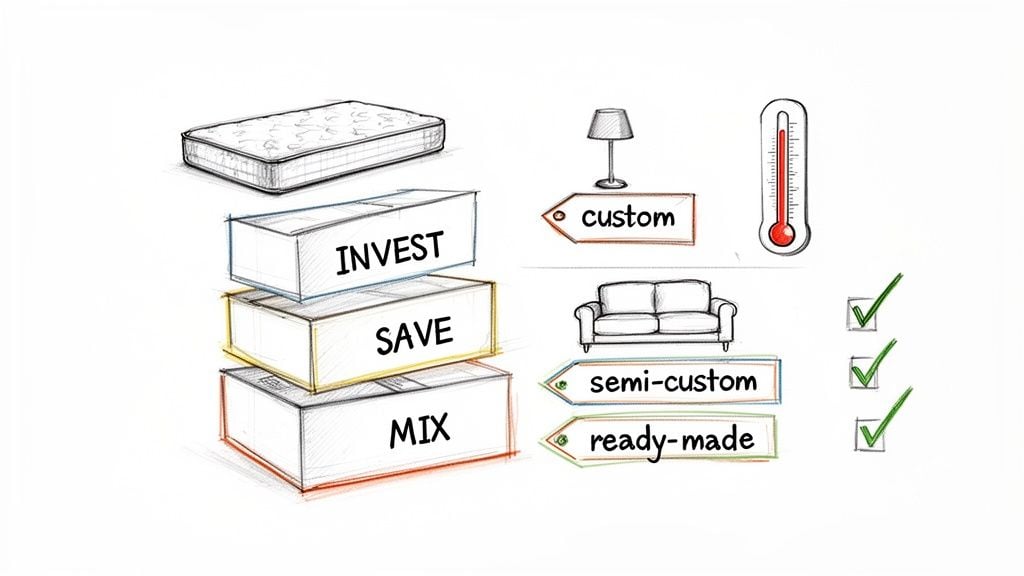 Hand-drawn illustration depicting a mattress, financial strategy boxes (invest, save, mix), and product customization levels.