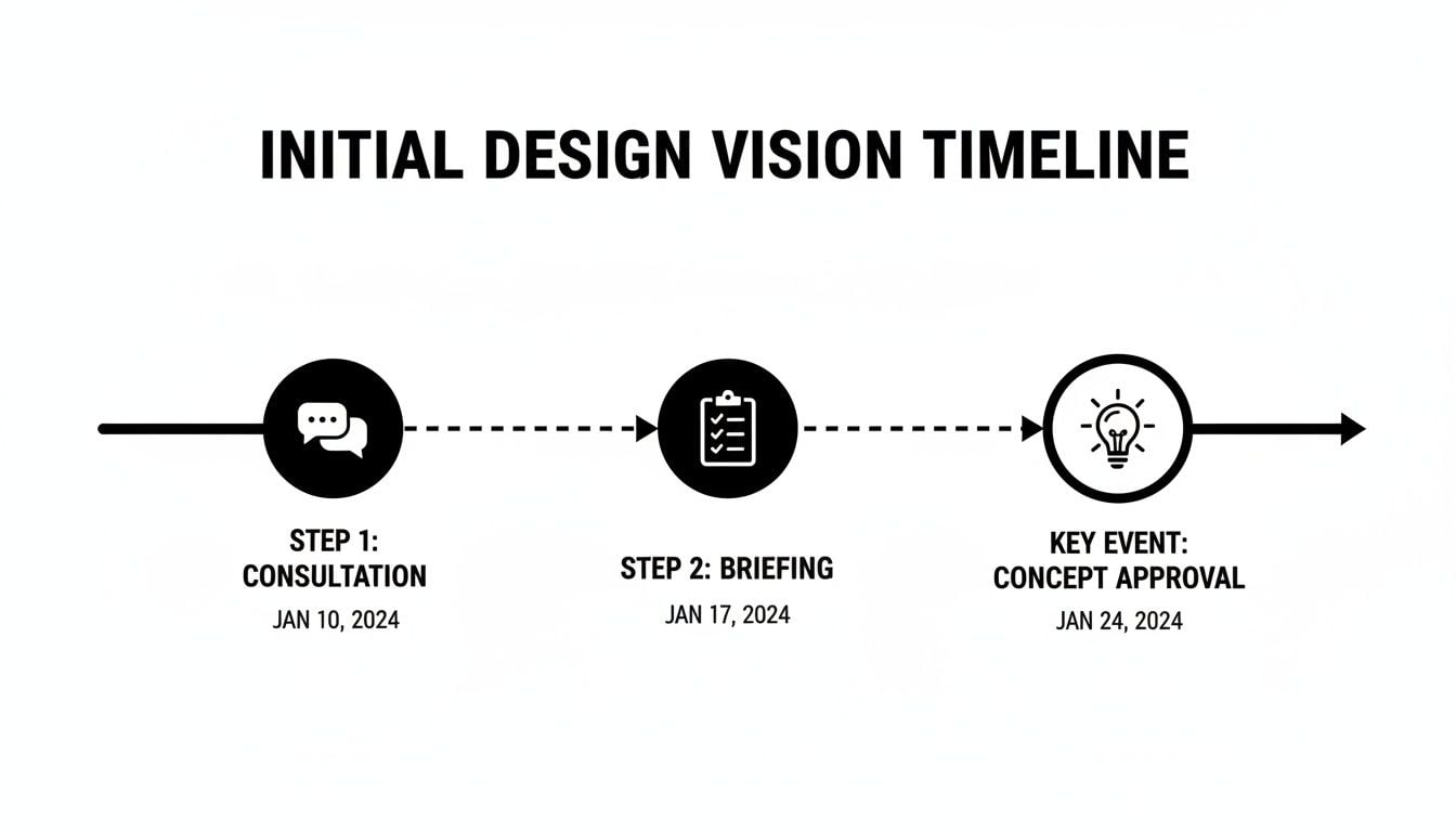 A timeline illustrating initial design vision steps: consultation, briefing, and concept approval with dates.