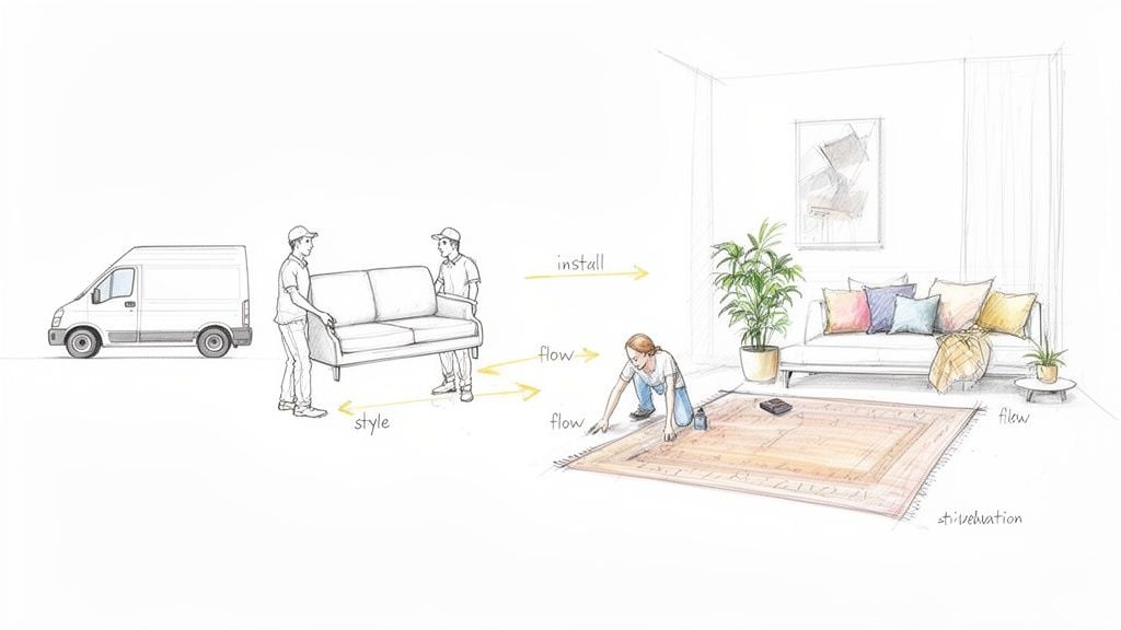 Illustrated guide showing furniture delivery, installation, and interior styling of a living room.