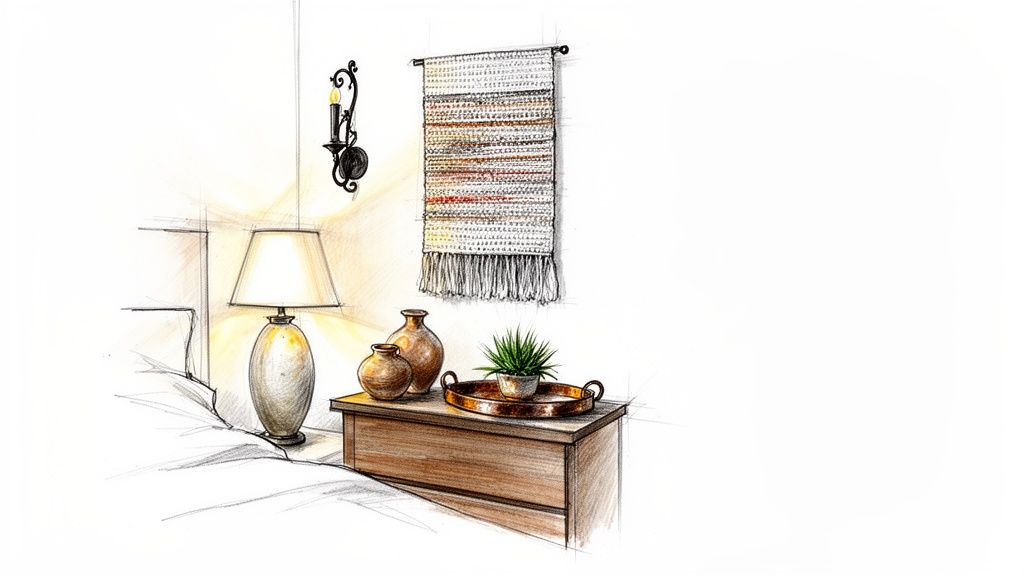 A hand-drawn sketch depicting a cozy southwestern bedroom with a nightstand, lamp, and tapestry.