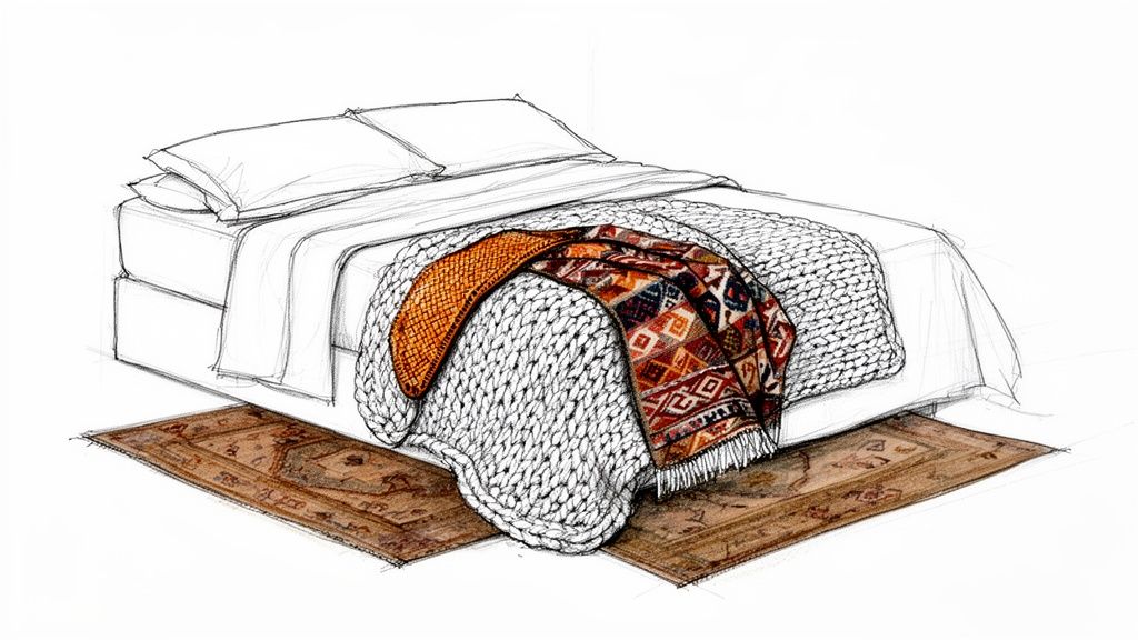 Sketch of a bed with white sheets, a chunky knit blanket, and colorful Southwestern throws over a traditional rug.