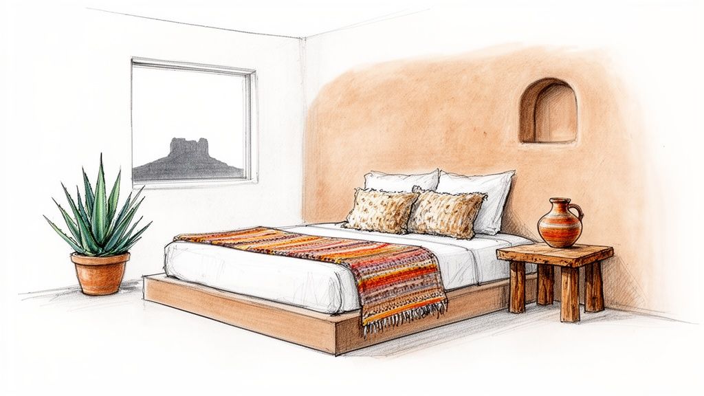 A warm Southwestern bedroom sketch with a bed, potted agave plant, window, adobe wall, and clay pot.