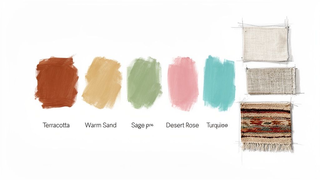 Southwestern desert color palette with terracotta, sand, sage, rose, and turquoise paint swatches and fabric samples.