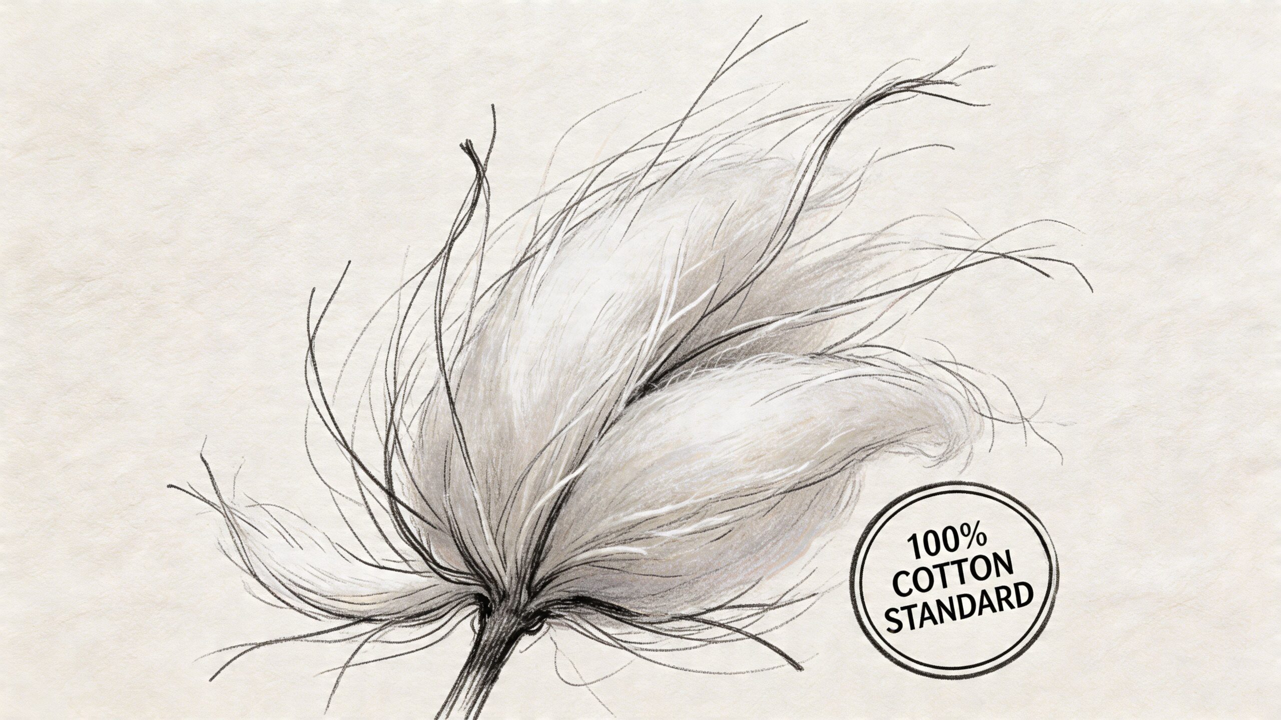 A detailed charcoal-style illustration of a fluffy cotton boll on a beige textured paper background.