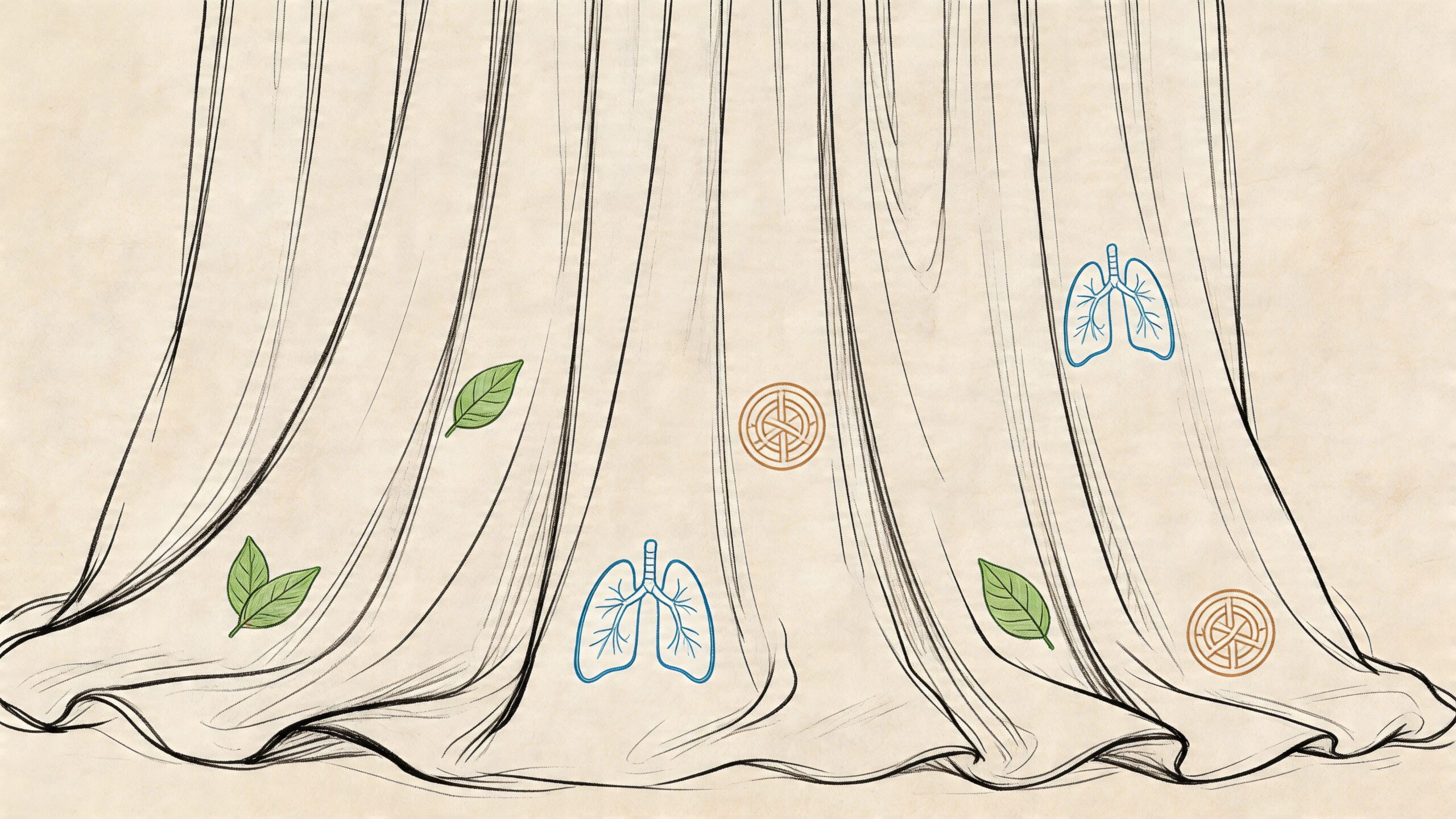 A digital illustration of beige curtains featuring leaf patterns and stylized blue lungs and circular symbols.