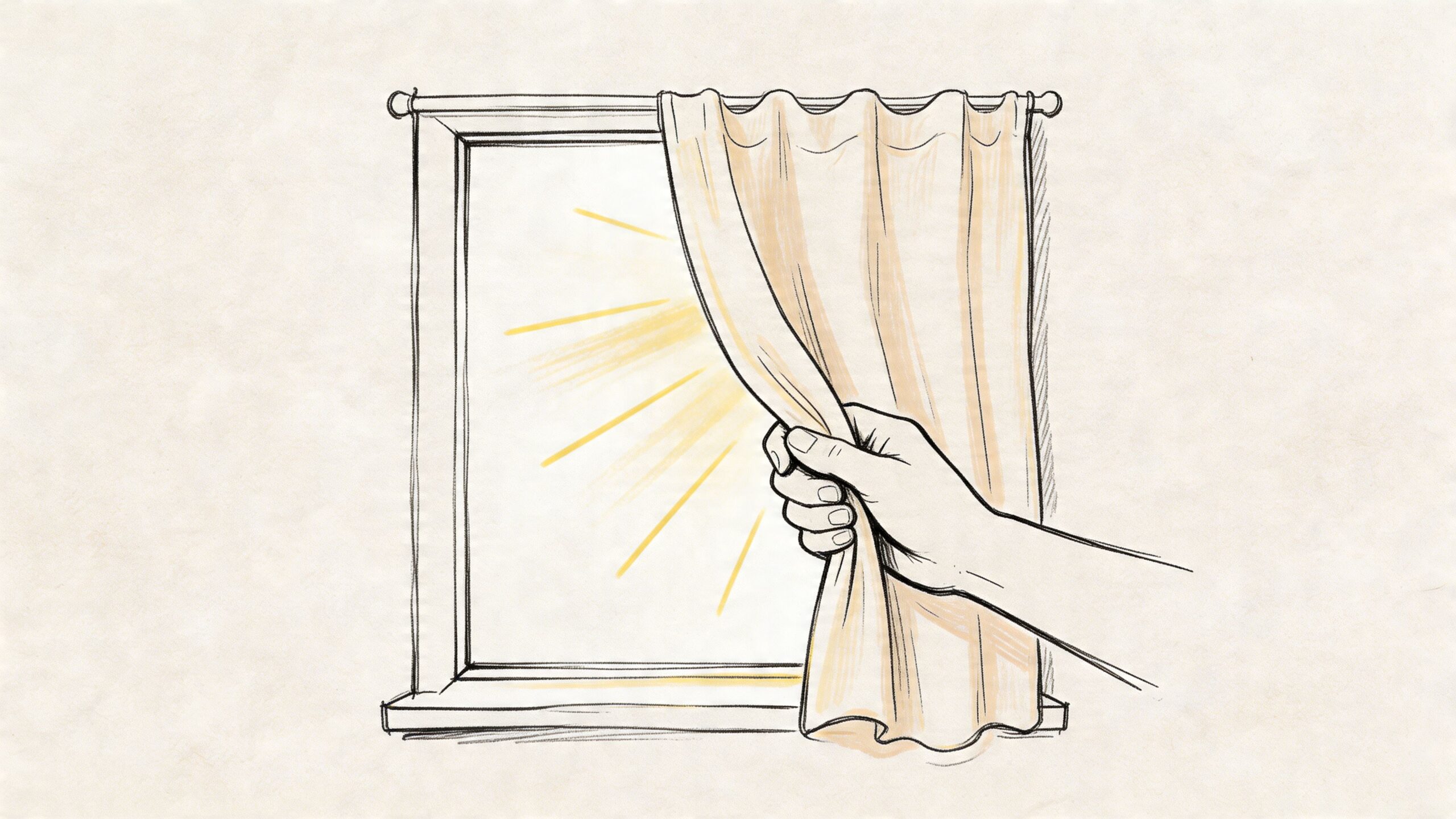 A hand pulling back a light-colored cotton curtain to reveal bright morning sunlight through a window.