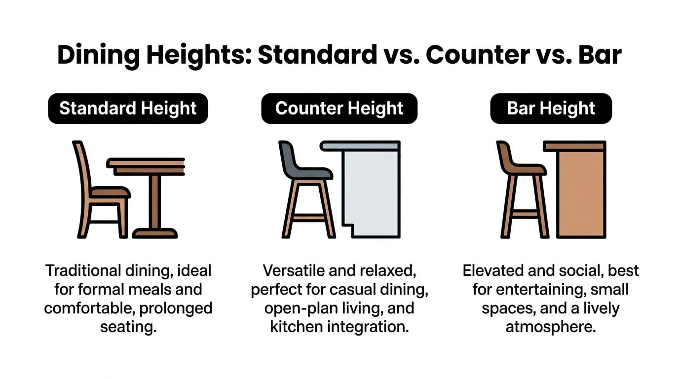 A comparison chart showing the differences between standard, counter, and bar height dining furniture styles.