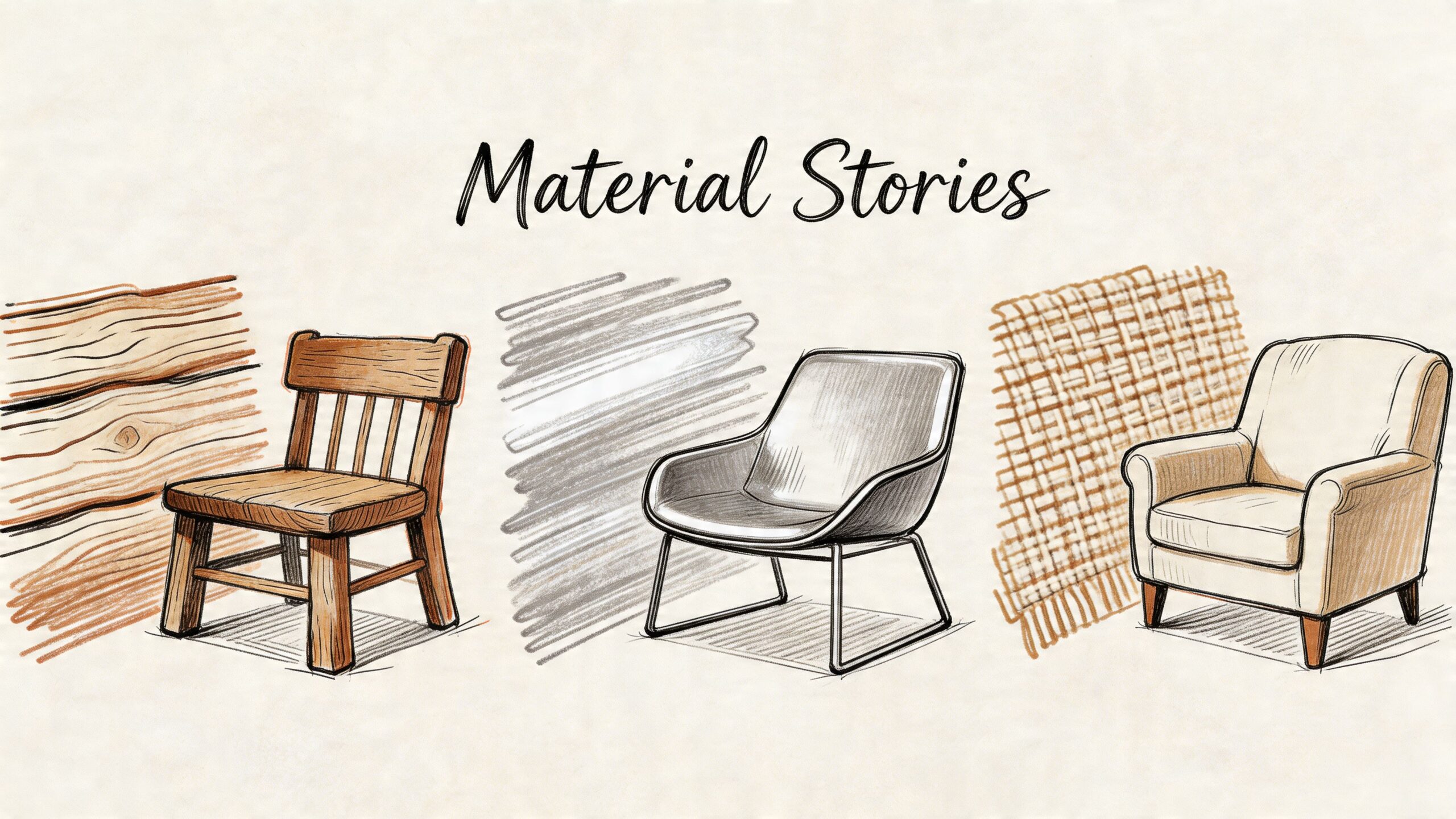 Three artistic sketches of different chairs showcasing wooden, metal, and fabric upholstery textures in a set.