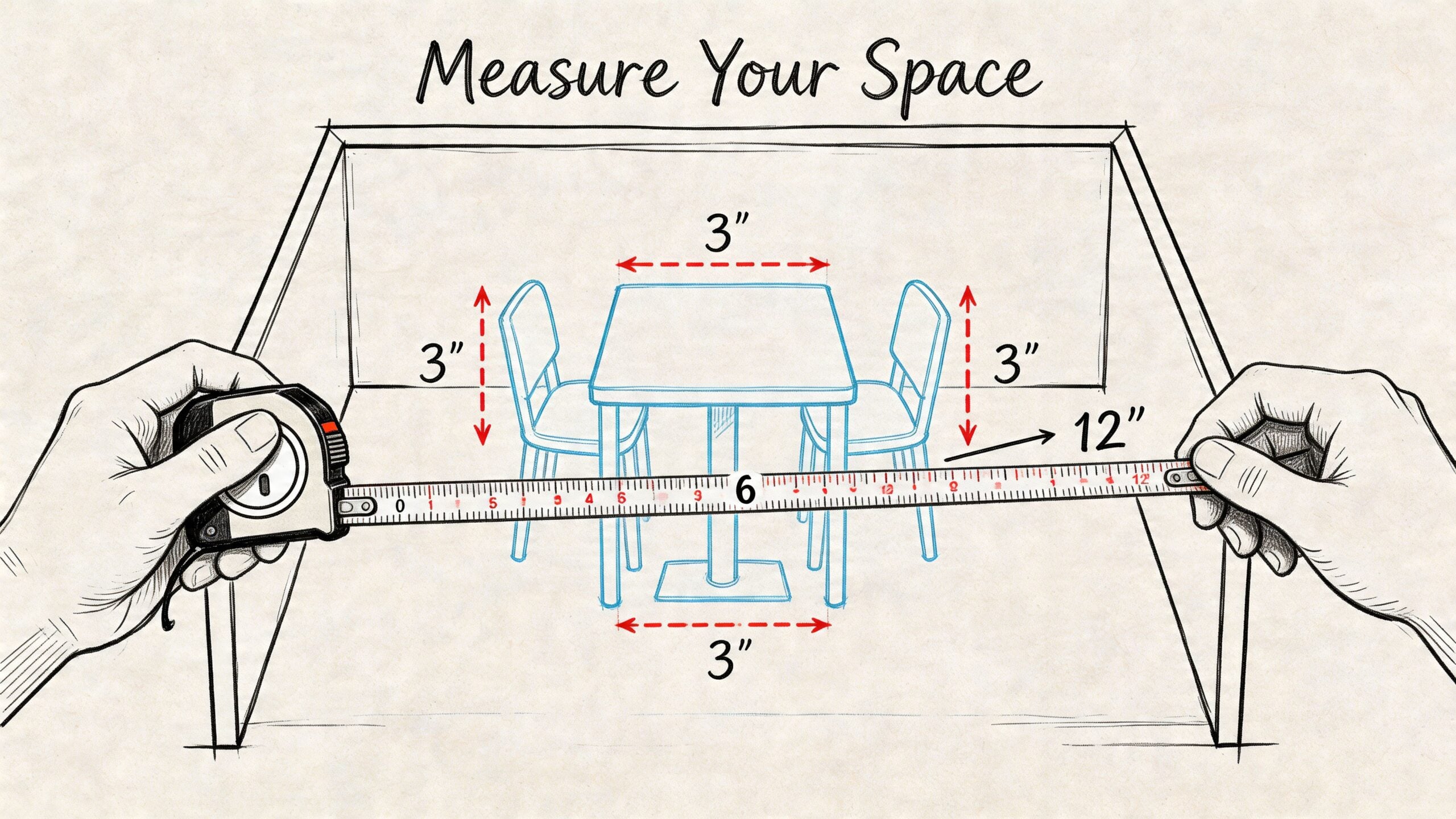A hand-drawn illustration showing a person measuring a dining space with a tape measure for home furniture.