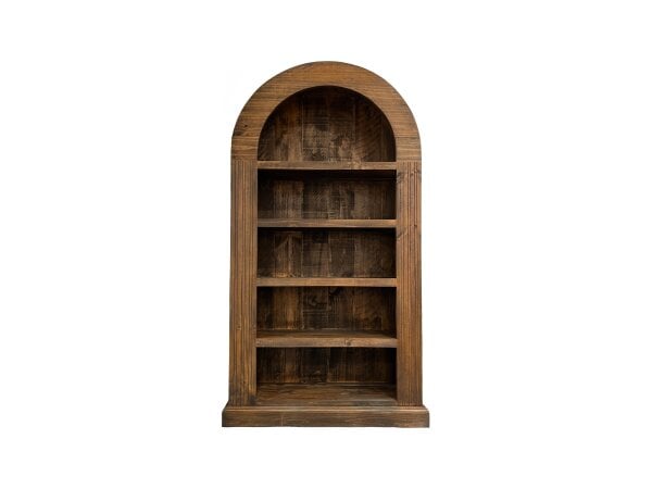 Rustic wooden arched bookshelf with five shelves