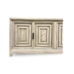 Distressed light wood three-door sideboard cabinet