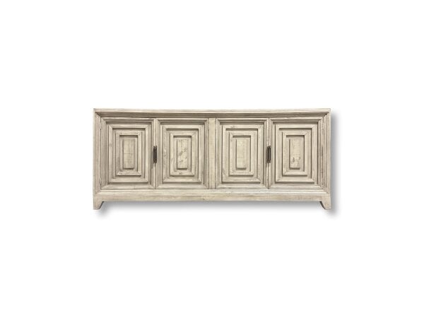 Distressed light wood four-door sideboard cabinet