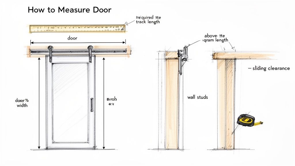 Diagram illustrating how to measure a door for a barn door installation, showing door width and track length.