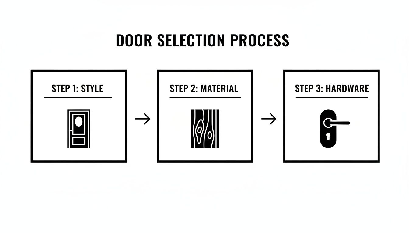 A three-step door selection process diagram illustrating style, material, and hardware choices for doors.