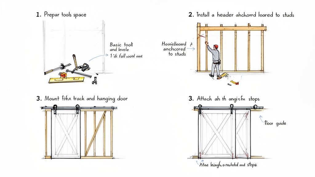 A four-step visual guide demonstrating barn door installation, showing tools, framing, track, and door.