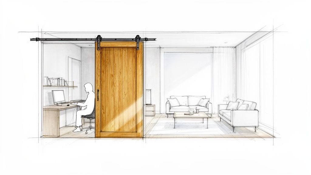 A detailed architectural sketch showing a wooden barn door dividing a home office and a living room.