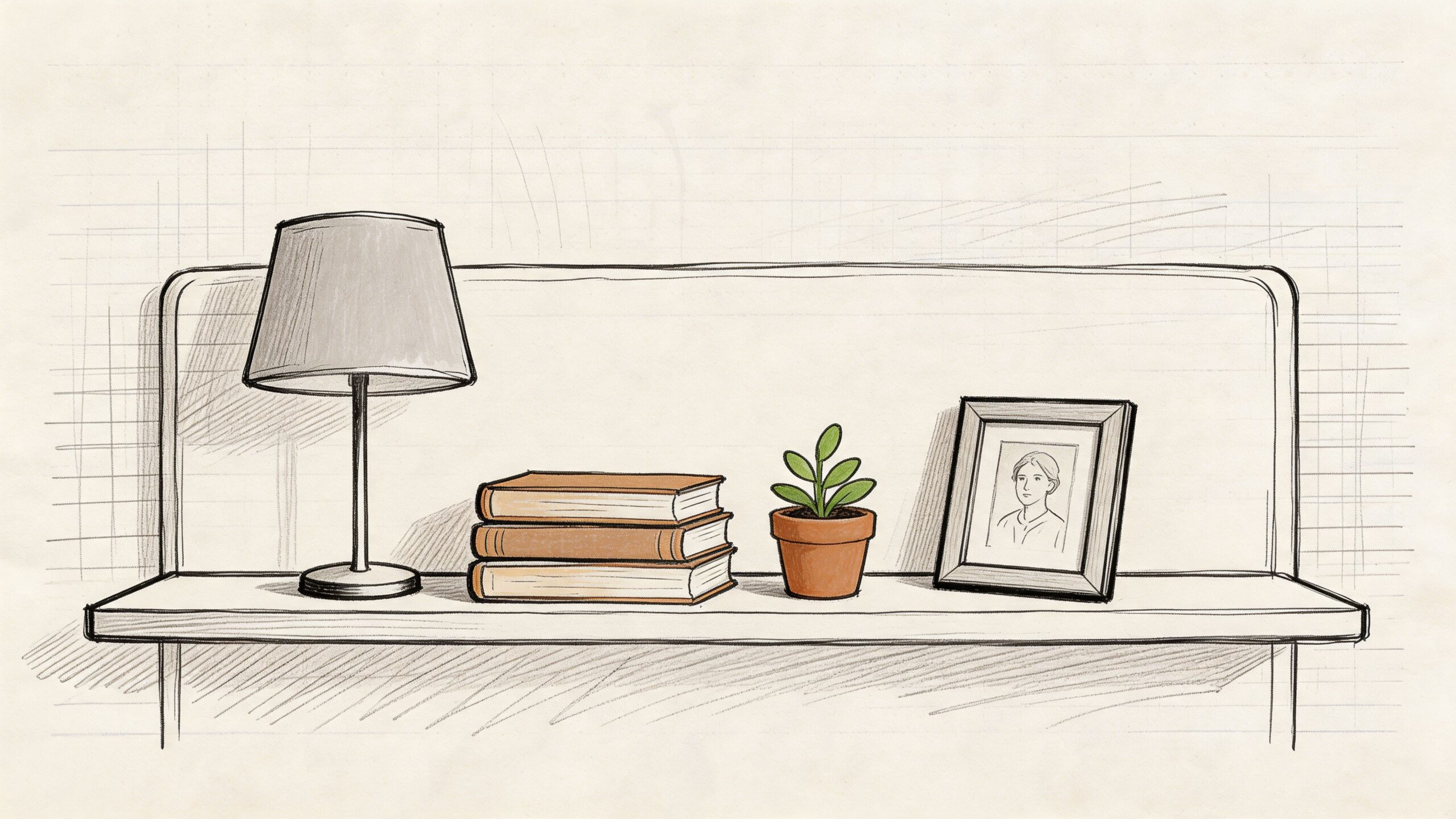 A minimalist hand-drawn illustration of a shelf with a lamp, three stacked books, a plant, and a framed photo.