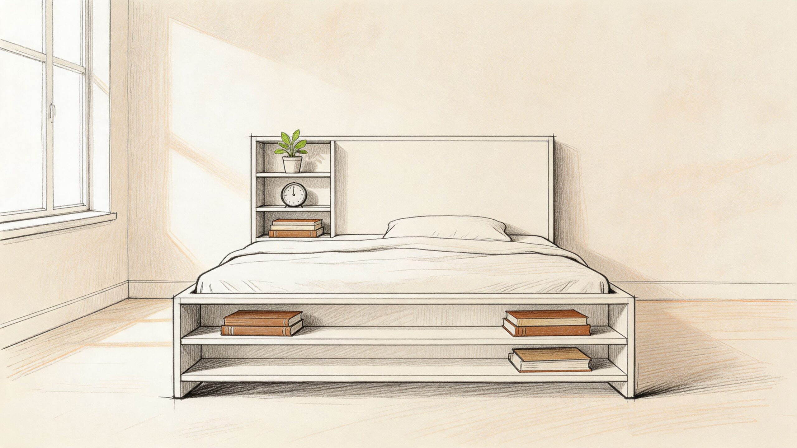 A minimalist line drawing of a bed featuring integrated storage shelves in the headboard and bed frame.