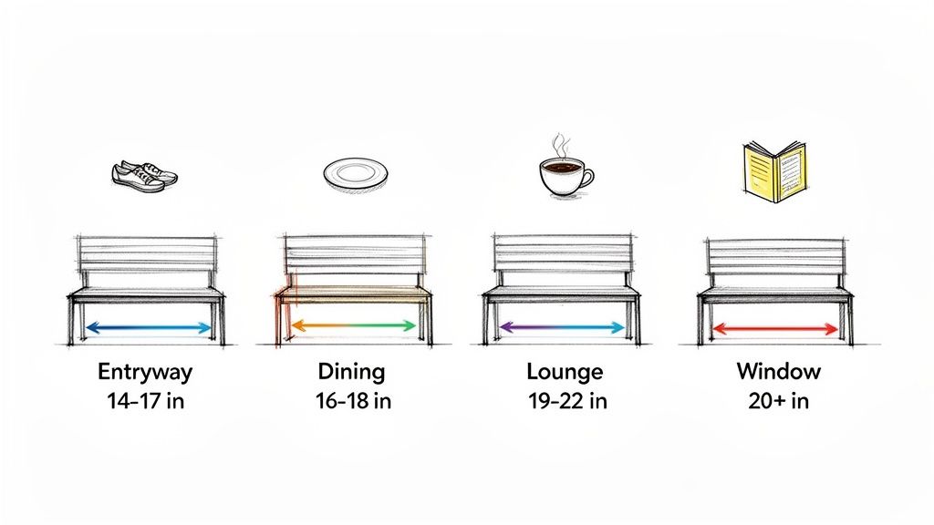 This diagram illustrates ideal bench seat depths for entryway, dining, lounge, and window seating.