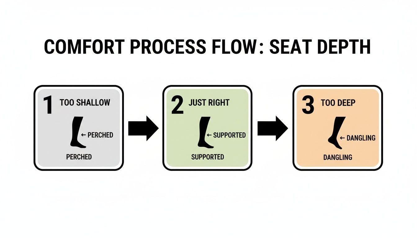 Diagram illustrating seat depth comfort, showing too shallow (perched), just right (supported), and too deep (dangling) leg positions.