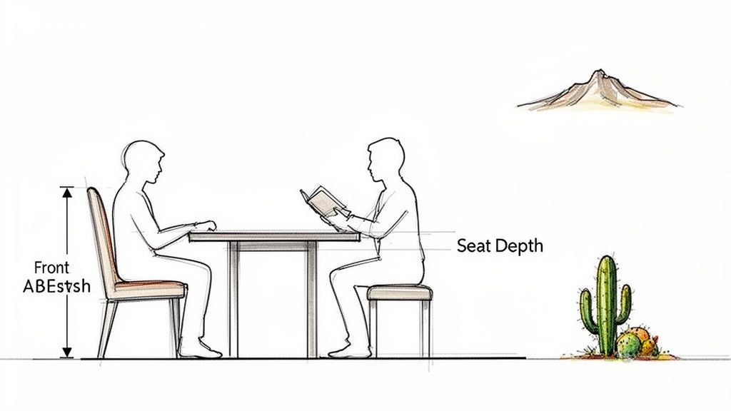 Illustration of people seated at a table, highlighting chair height and seat depth measurements in a desert scene.