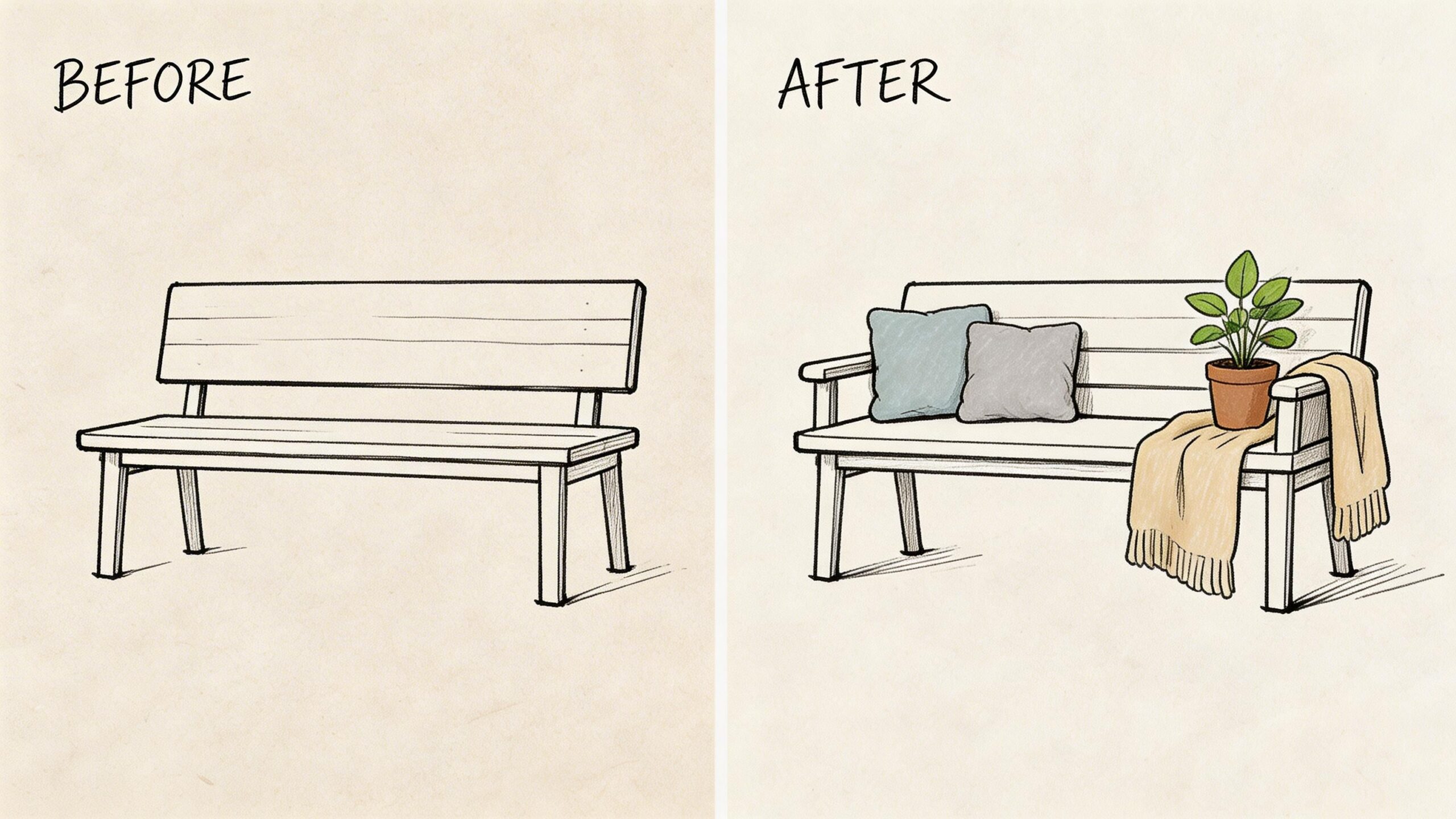 A line drawing comparison showing a plain wooden bench seat before and after styling with pillows and plants.