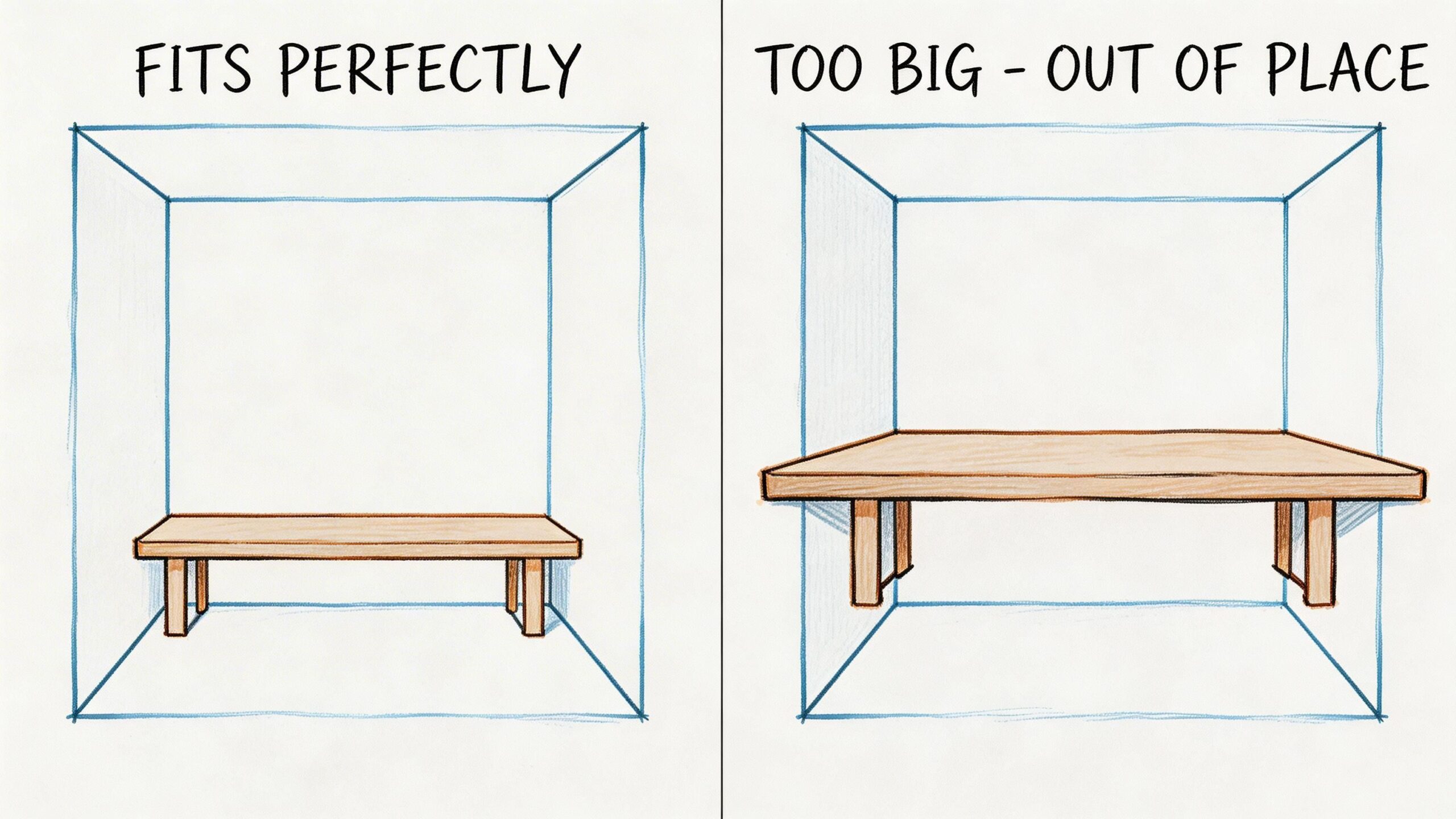 A comparison drawing showing a bench that fits perfectly inside a space versus one that is too big.
