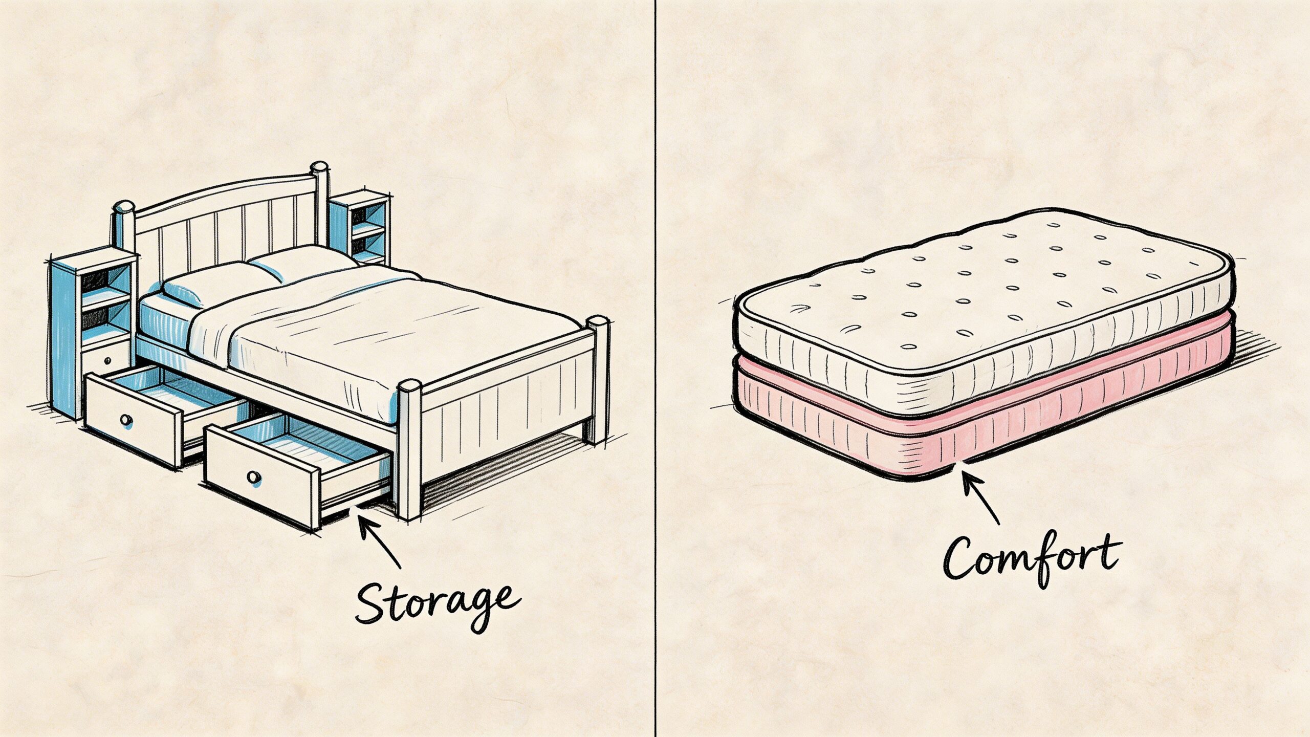 An illustration comparing a bed with built-in storage drawers and a standalone mattress emphasizing comfort.