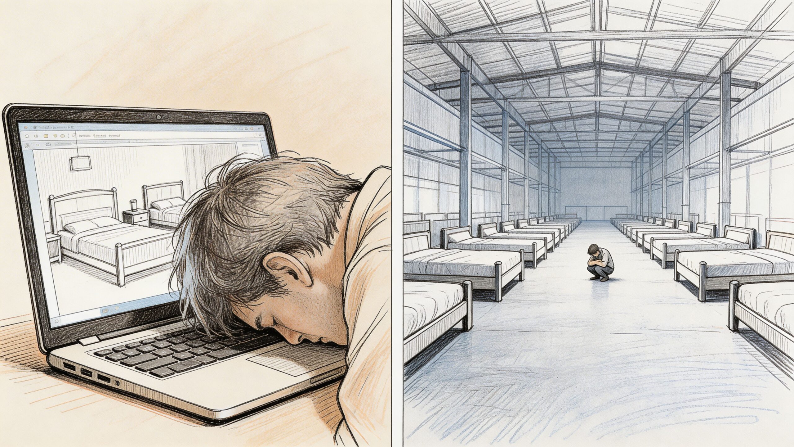 A split-screen illustration showing a man asleep on his laptop and alone in a large dormitory.