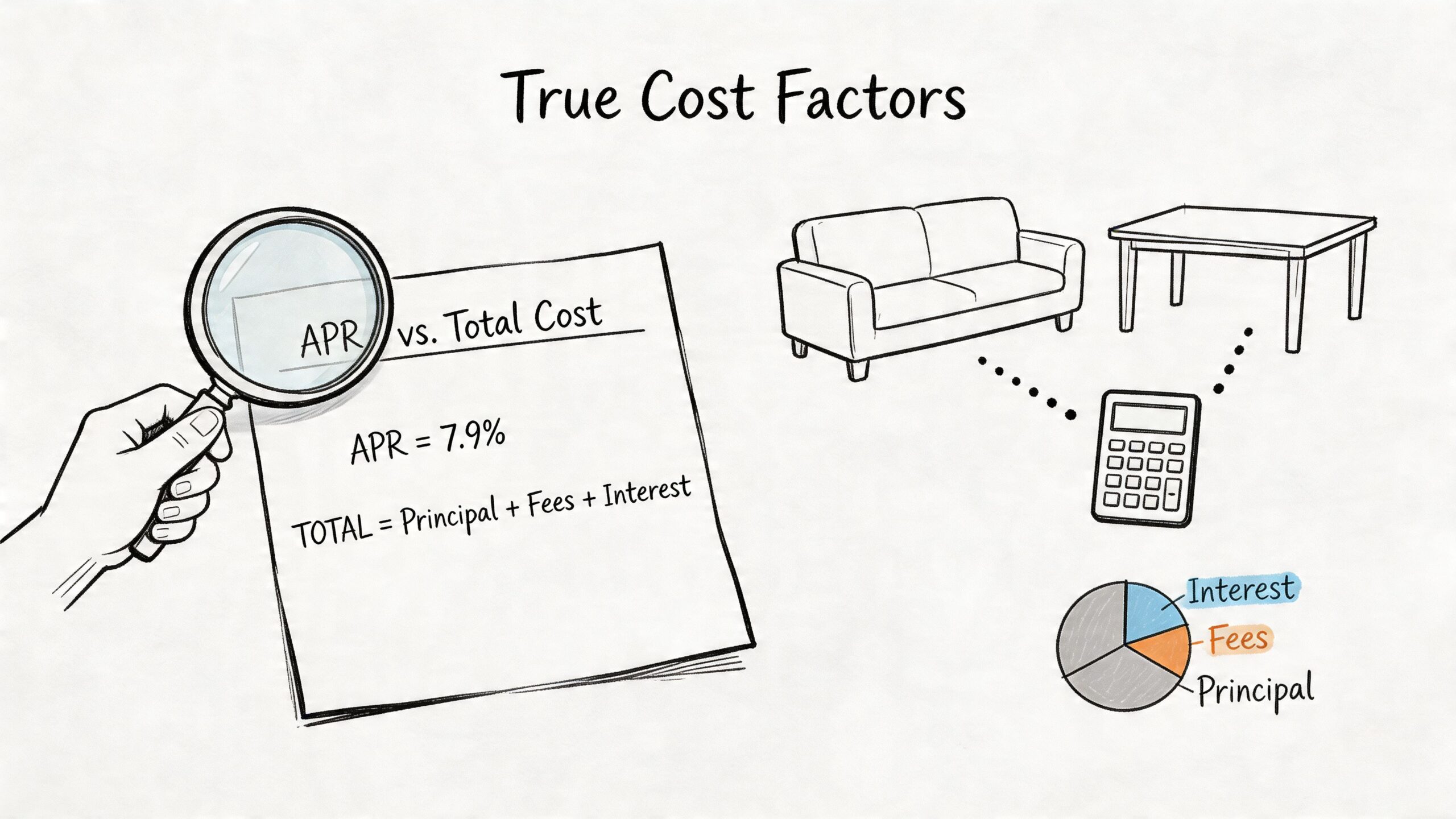An illustration showing a magnifying glass over a document detailing APR, fees, interest, and furniture financing costs.