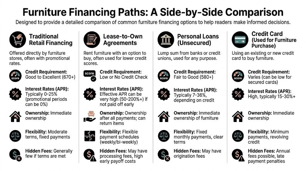 A comparison chart outlining four common furniture financing options including retail financing, lease-to-own, personal loans, and credit cards.