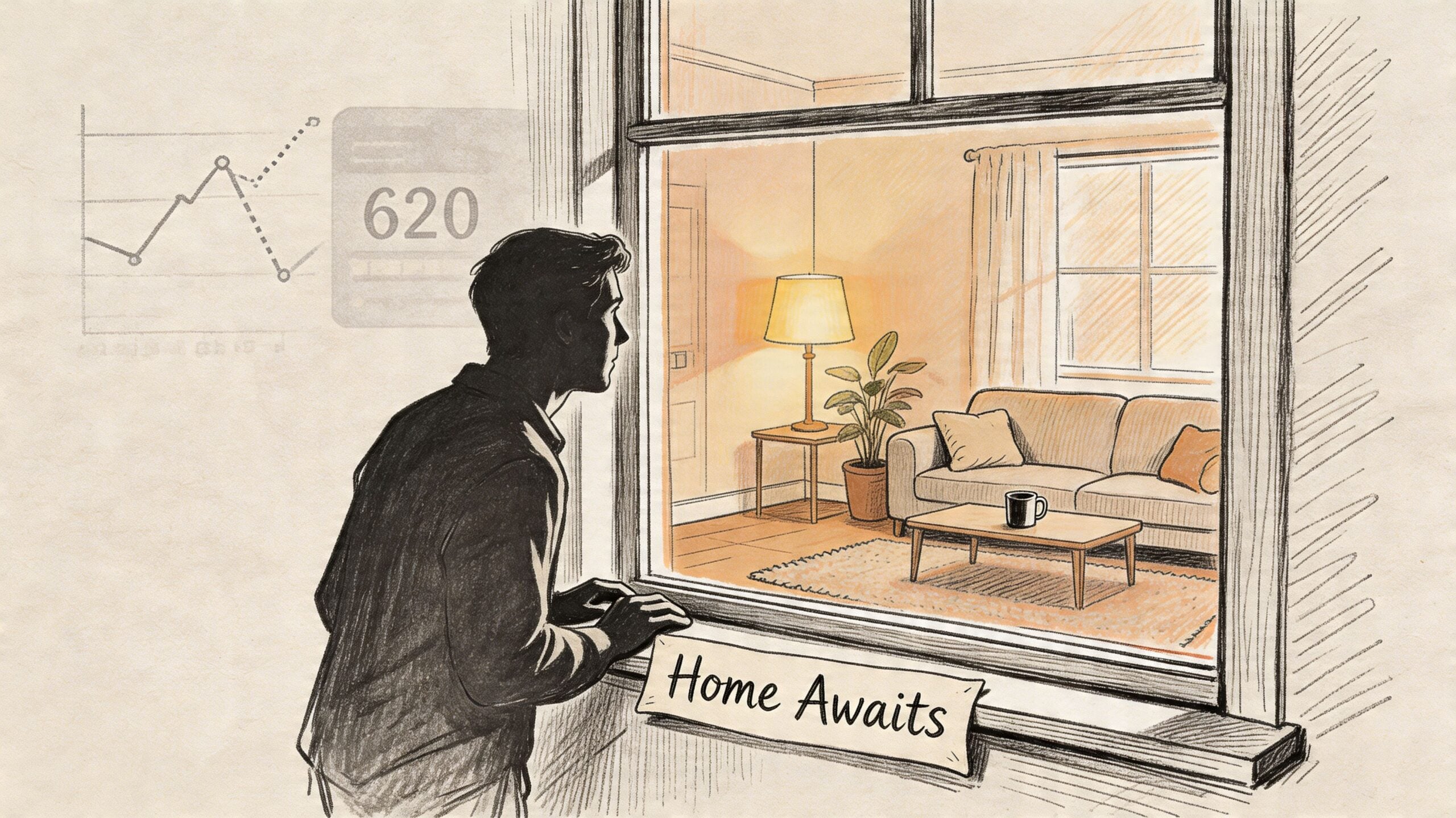 A person looking through a window into a cozy living room with a sign saying Home Awaits.