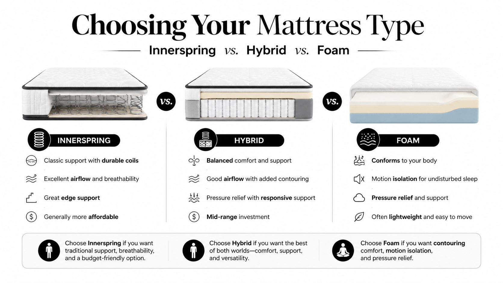 A comparison chart showing the differences between innerspring, hybrid, and foam mattresses to help with decision making.