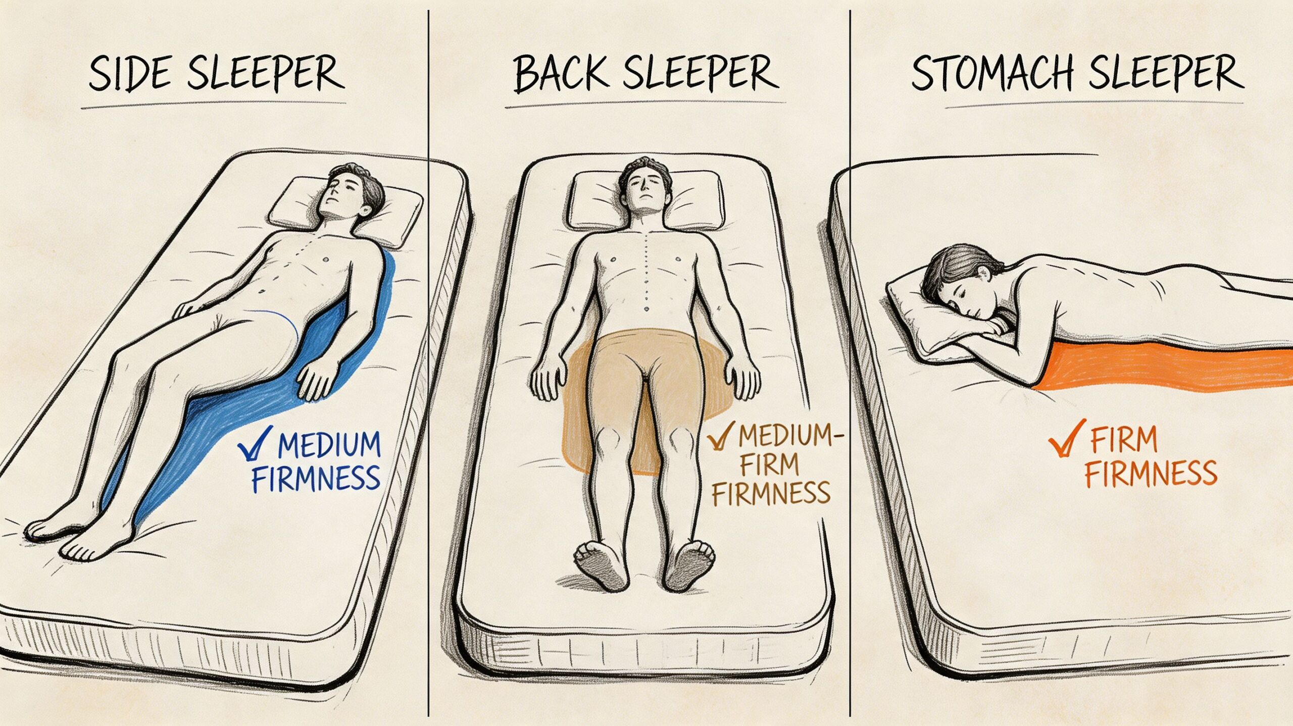 An illustration showing three sleeping positions and the recommended mattress firmness levels for each type of sleeper.