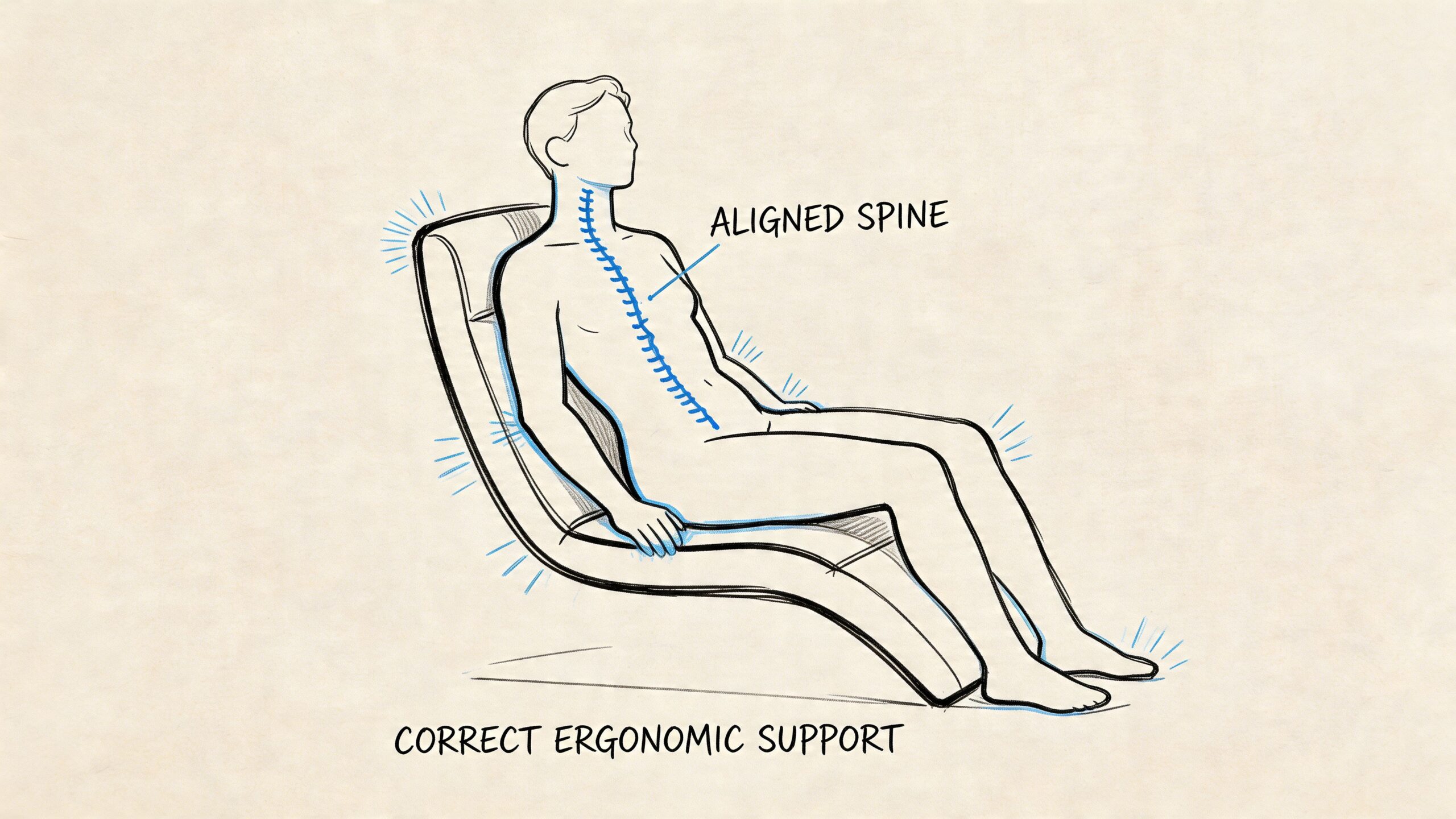 A diagram showing a person sitting on an ergonomic chair with a properly aligned spinal column.