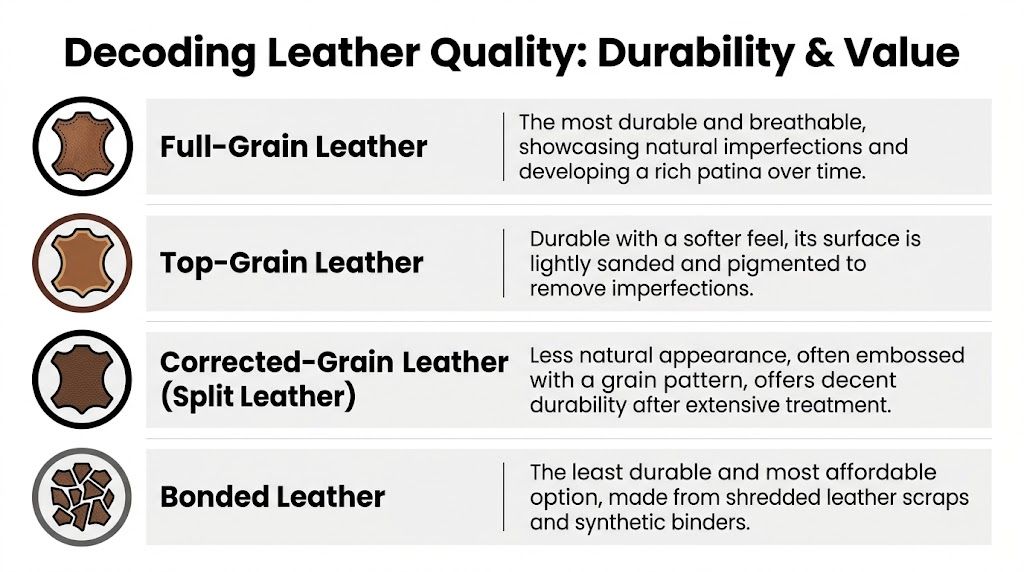 A chart illustrating the hierarchy and characteristics of four common types of leather quality for furniture.