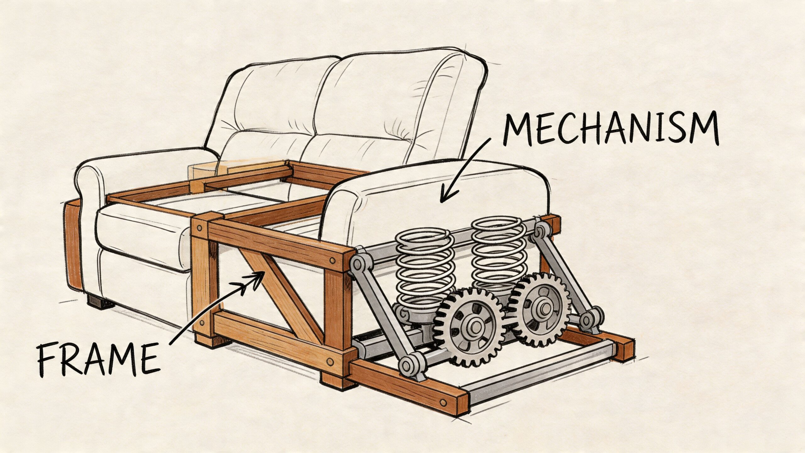 A detailed technical illustration showing the internal wooden frame and mechanical spring system of a recliner sofa.