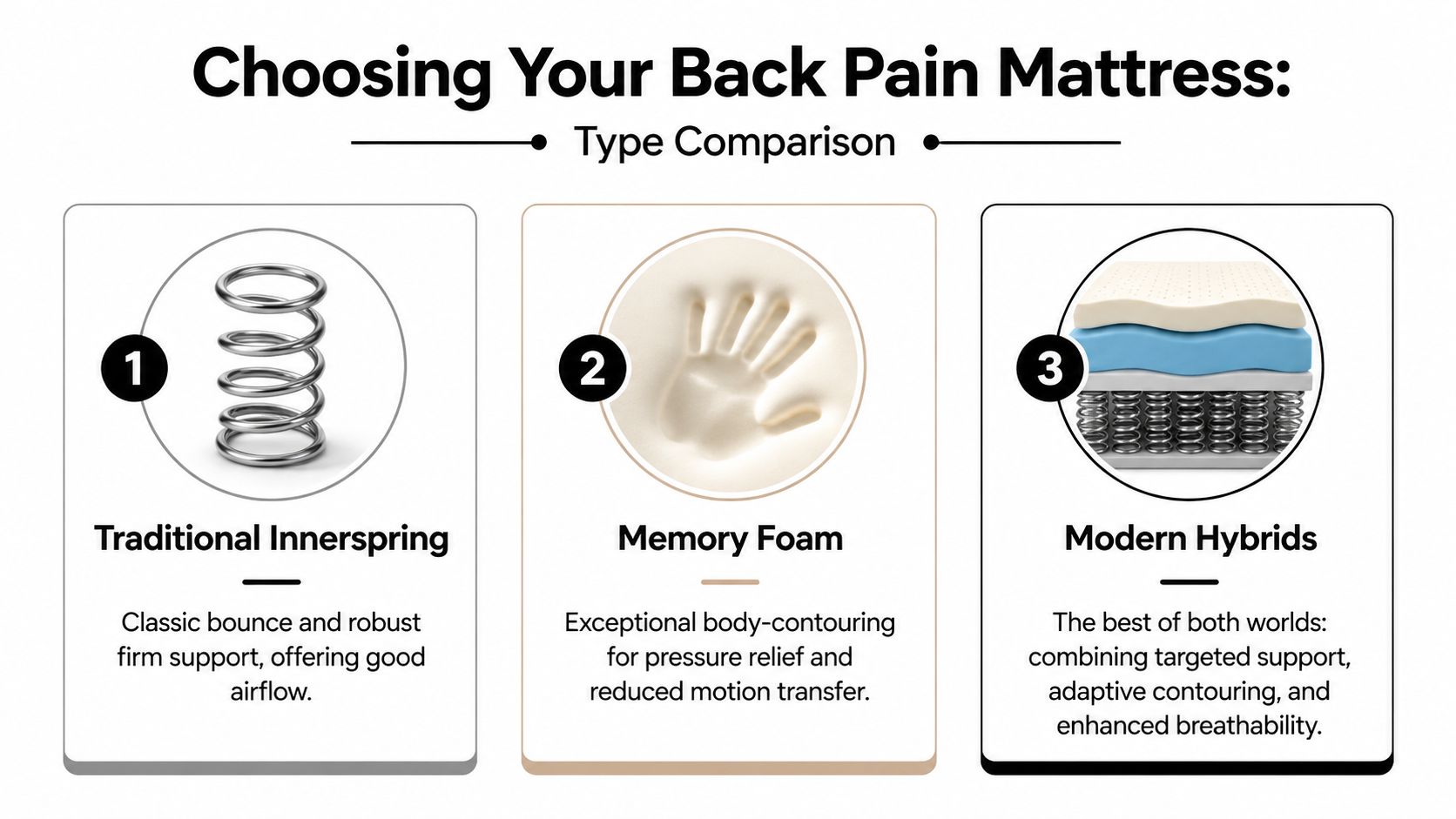 A comparison infographic showing three mattress types for back pain: Traditional Innerspring, Memory Foam, and Modern Hybrids.