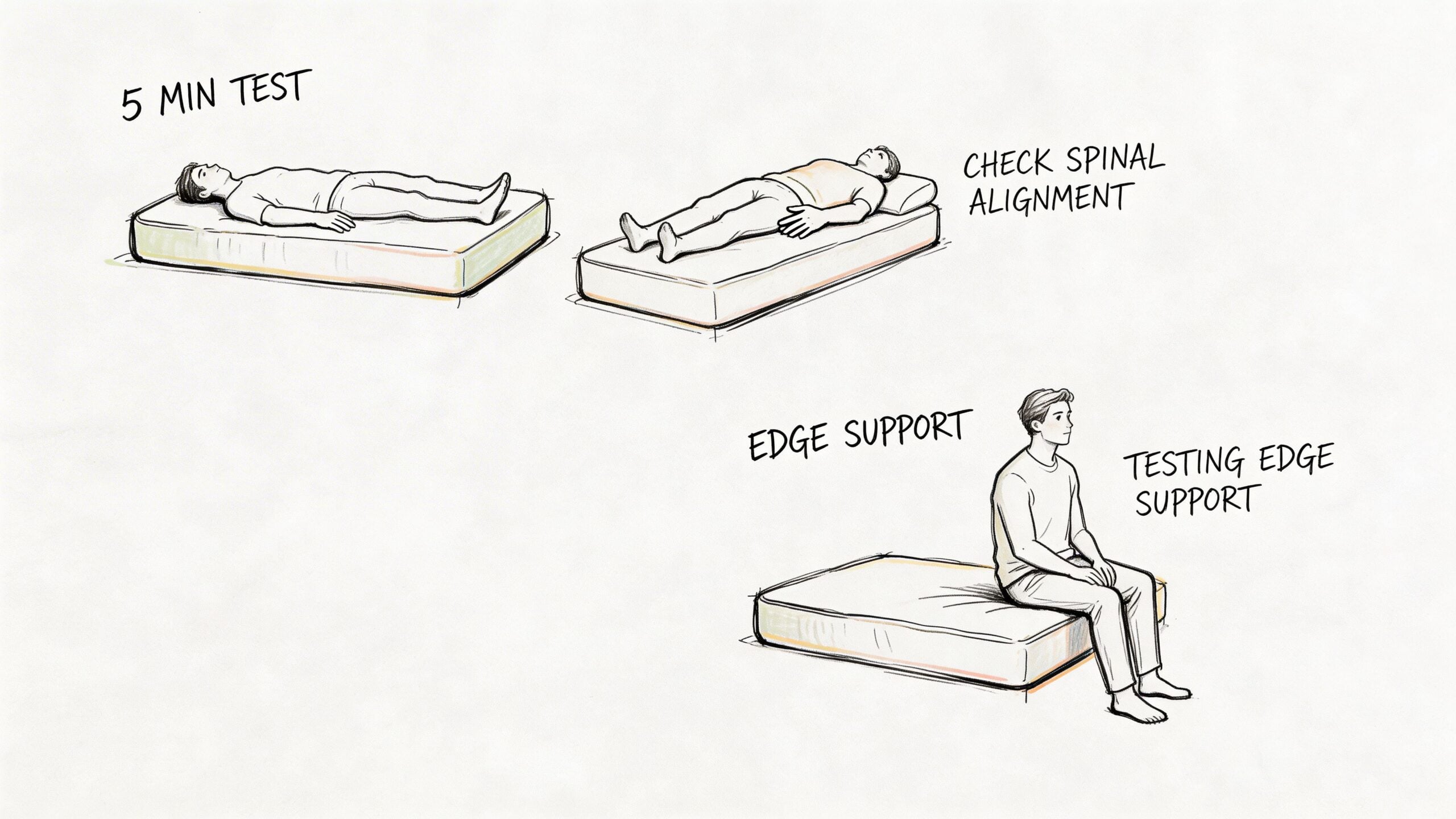 A hand-drawn illustration showing people testing a mattress for spinal alignment and edge support.