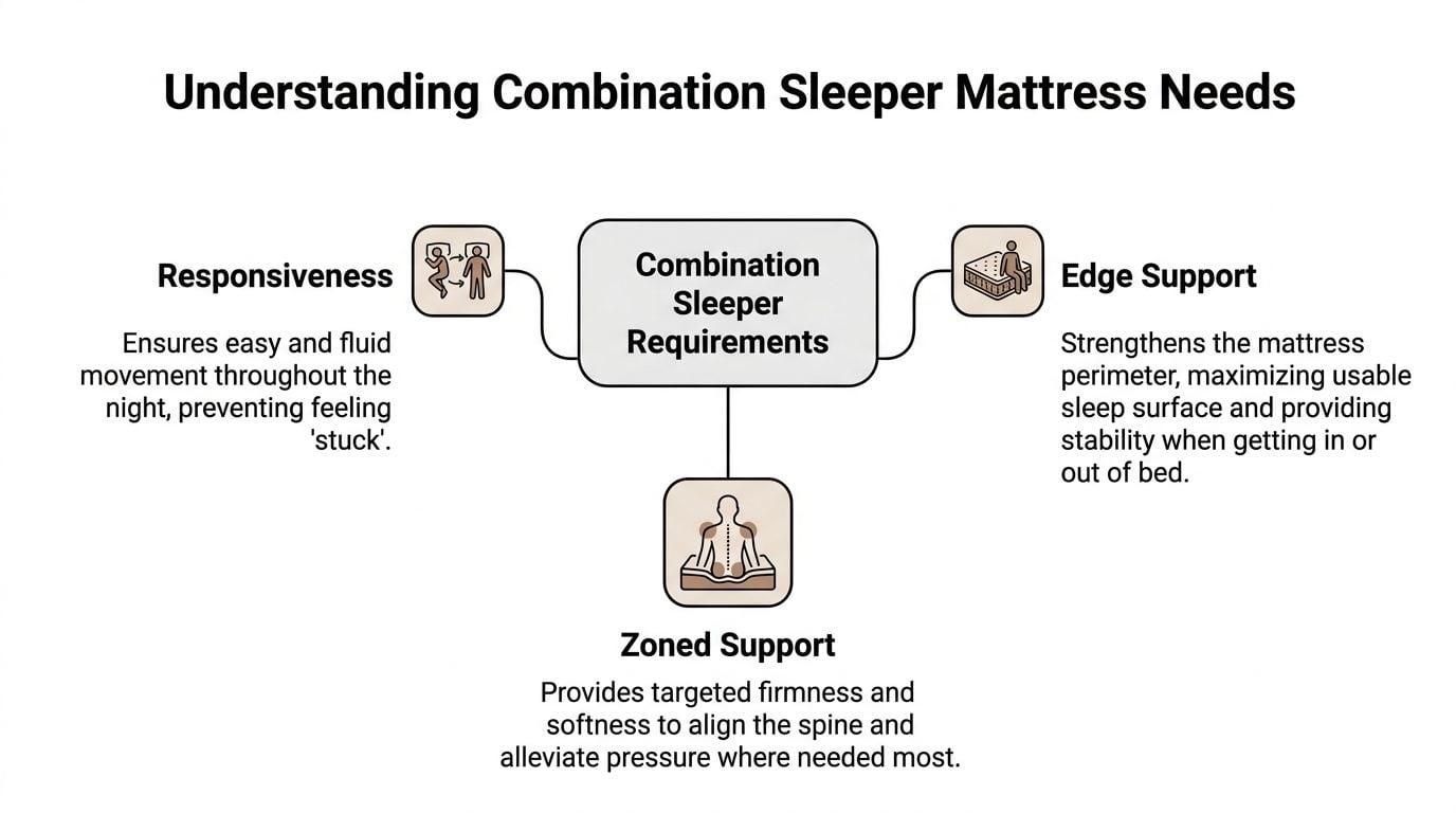 A diagram outlining the key requirements for combination sleepers, including responsiveness, edge support, and zoned support.