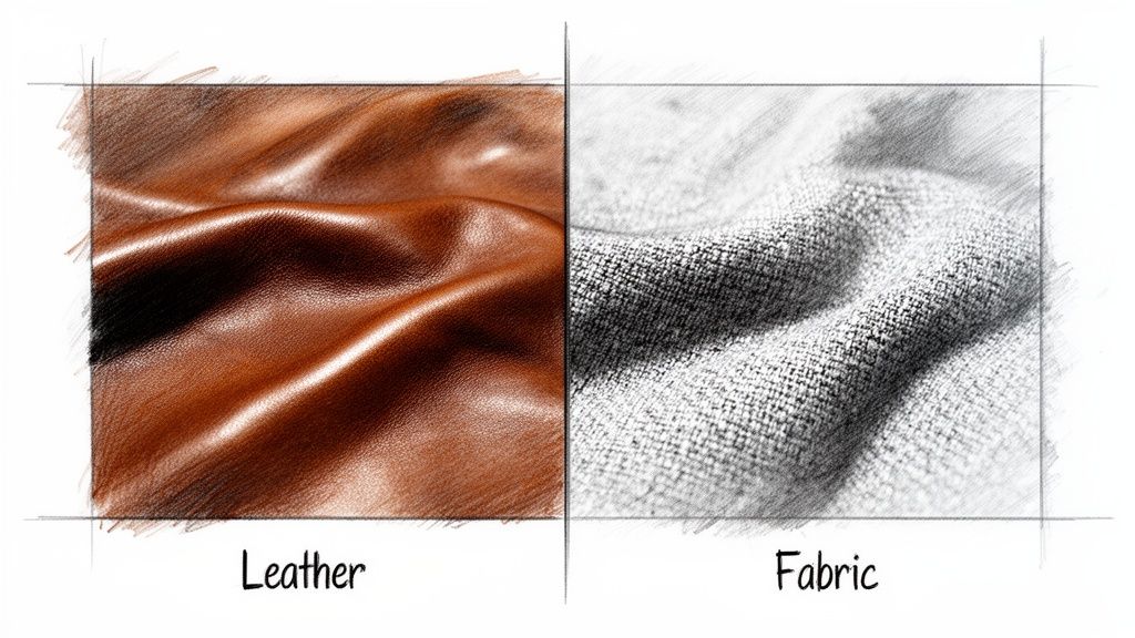 A split image comparison showing the smooth, brown texture of leather next to the woven fabric texture.
