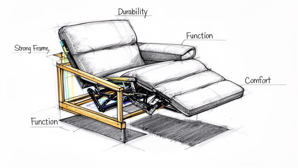 A conceptual technical sketch of a reclining chair highlighting frame durability, functional mechanism, and user comfort.