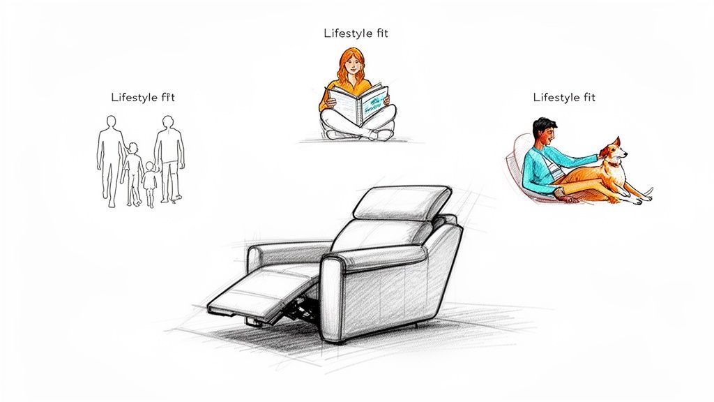 A pencil sketch of a reclining chair surrounded by illustrations depicting various people and lifestyles.