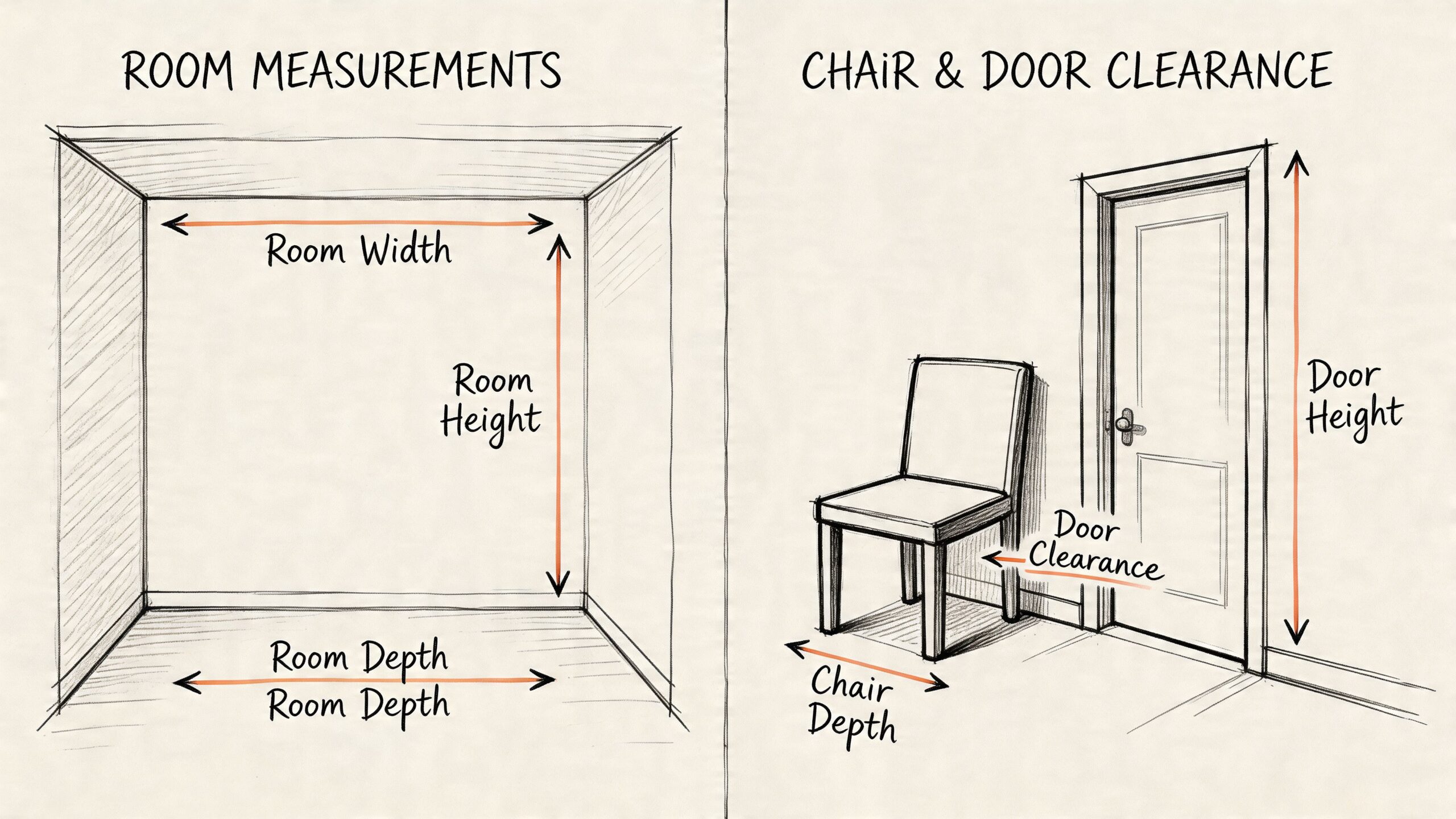 A diagram illustrating how to measure a room and chair for furniture placement and door clearance.