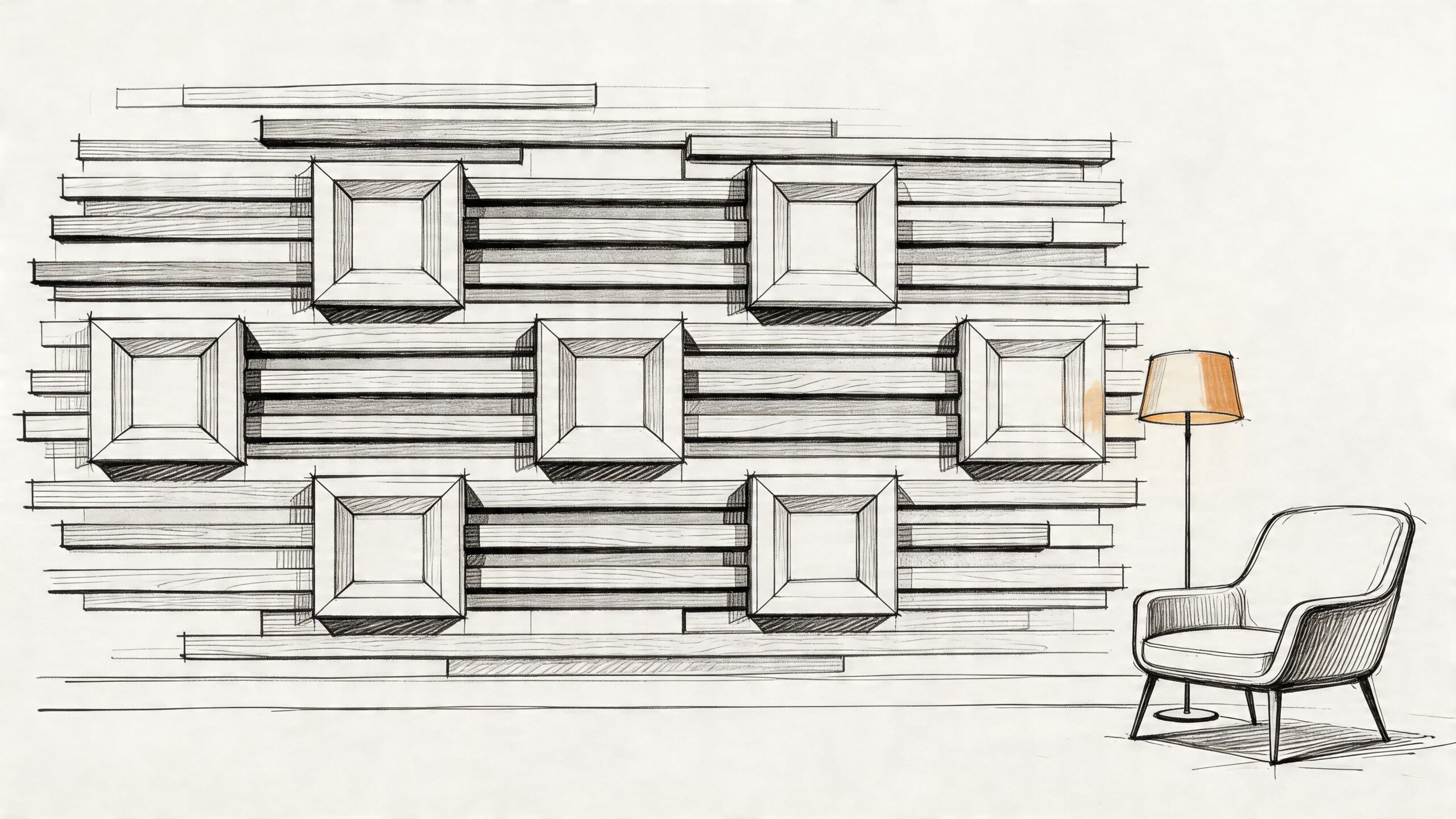 A pencil sketch of an accent wall featuring wood planks and square frames next to a lounge chair.